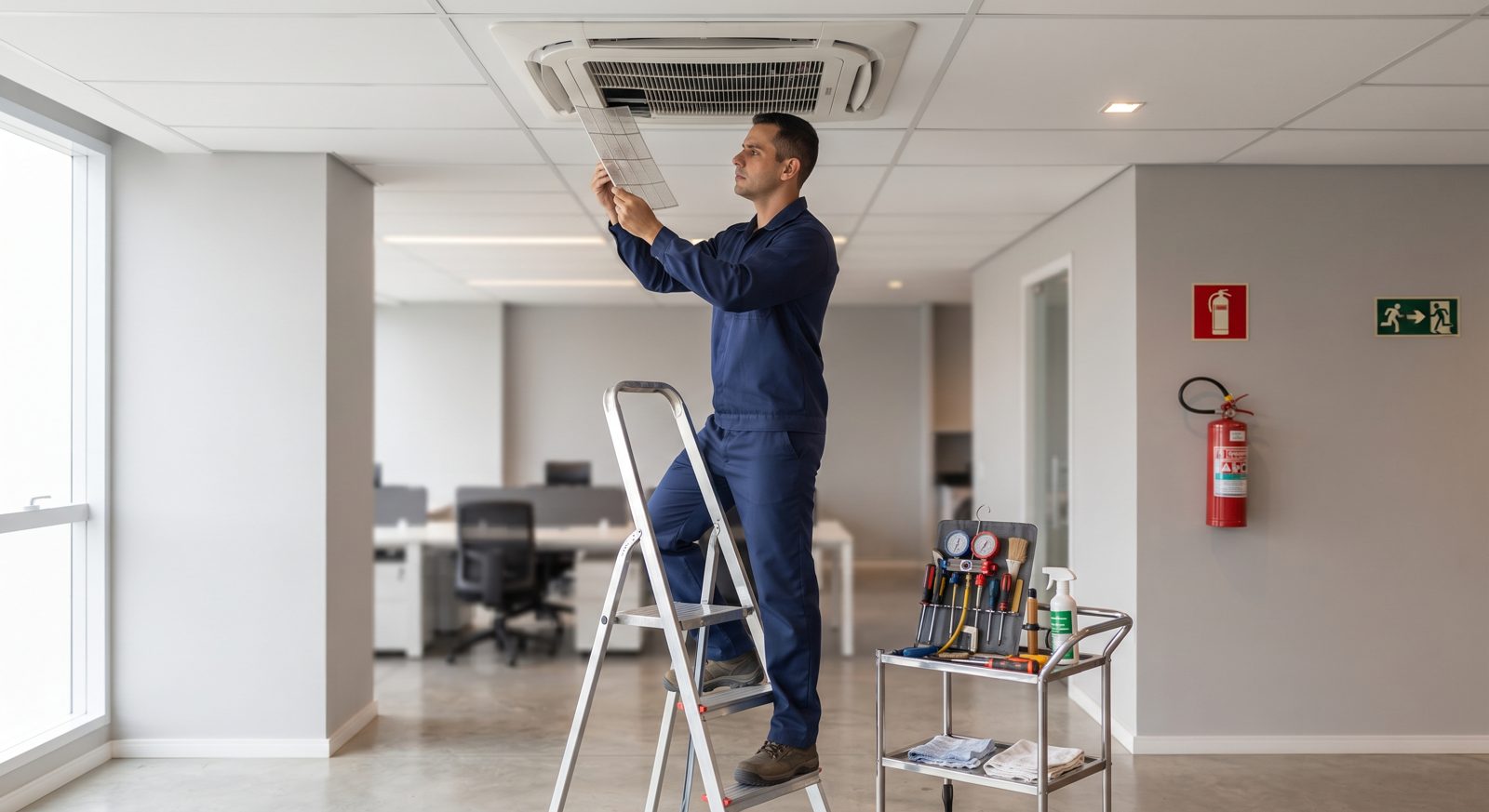Técnico fazendo manutenção de PMOC em ar-condicionado cassete
