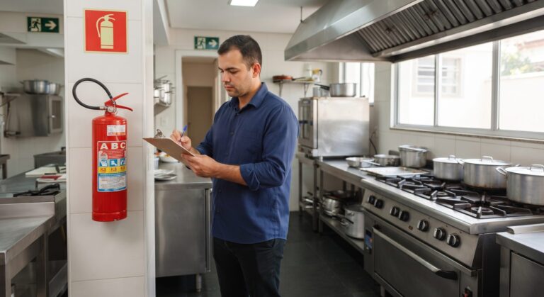 Engenheiro conferindo extintor com prancheta na cozinha de um restaurante