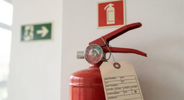Manômetro de extintor no limite entre operar e recarregar, com etiqueta de inspeção