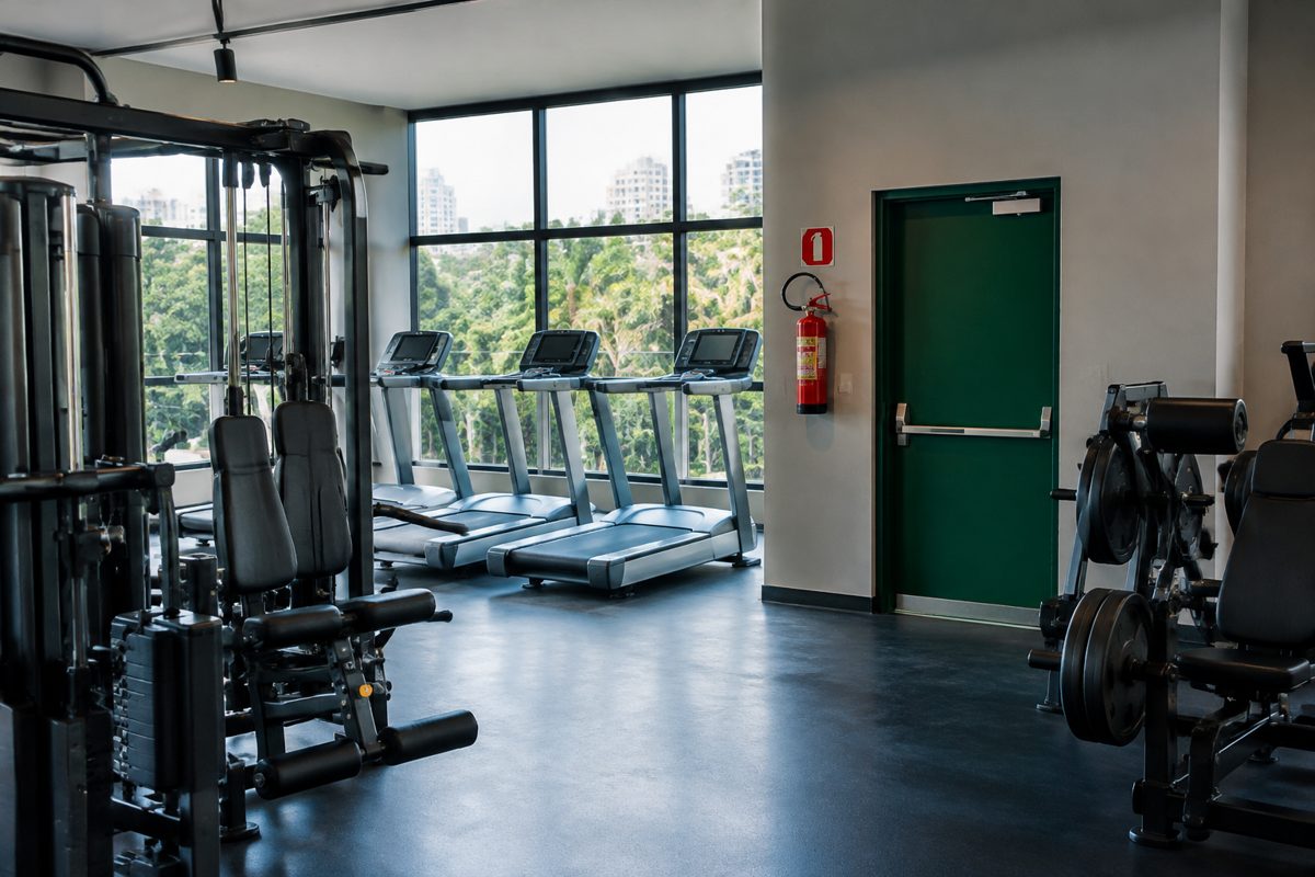 Academia com extintor sinalizado ao lado da porta de emergência