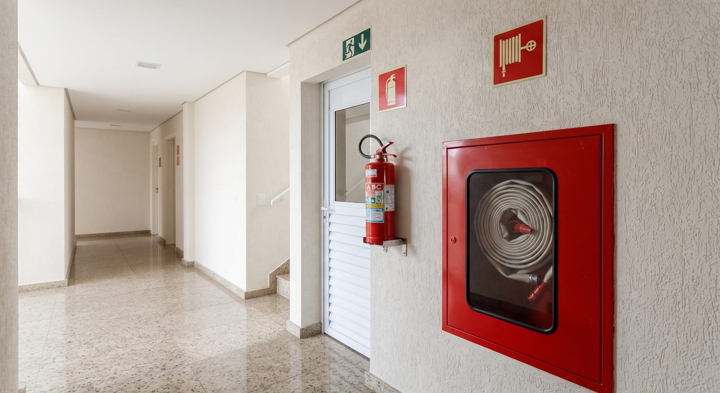 Hall de condomínio com extintor, abrigo de mangueira e sinalização de emergência