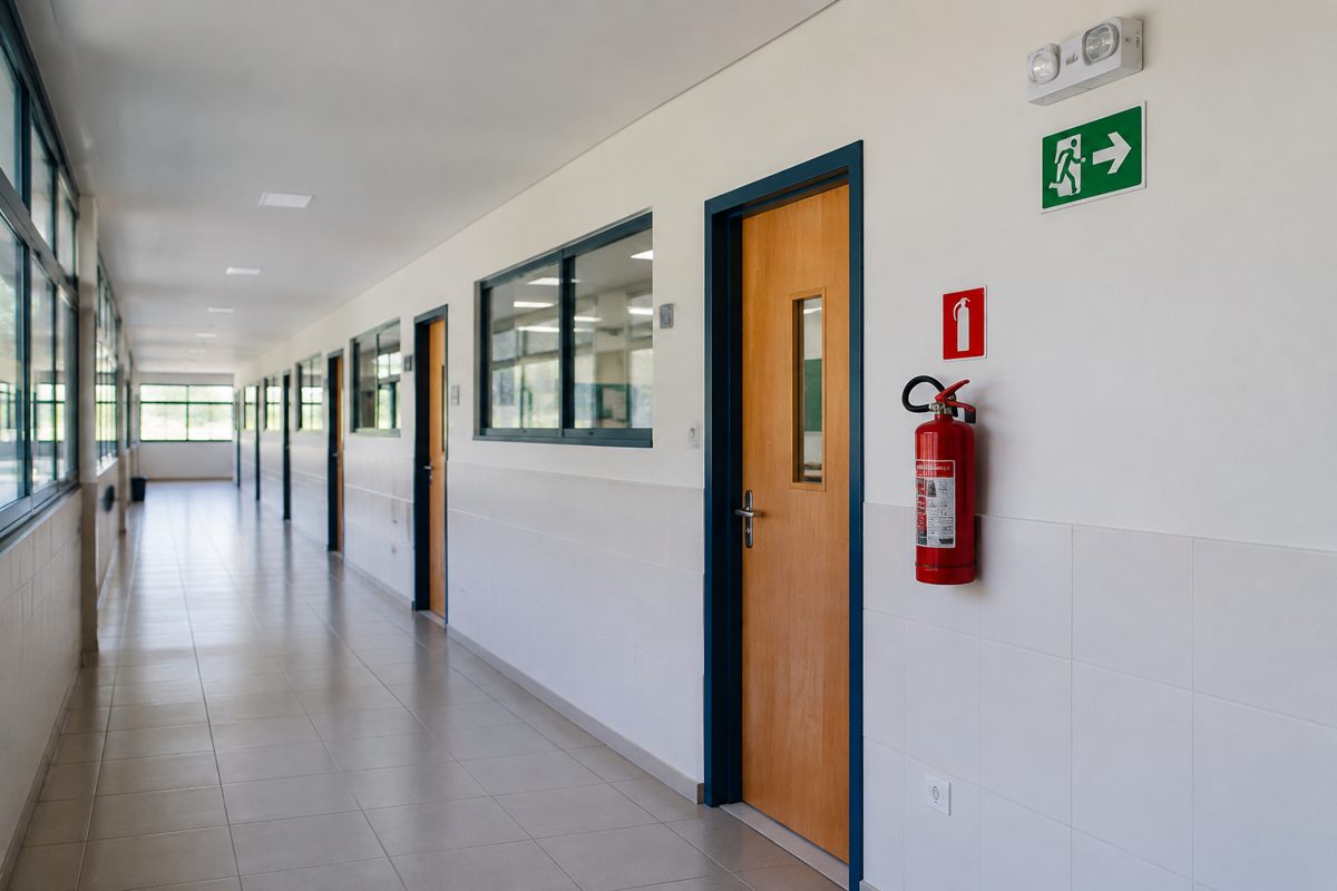 Corredor de escola com extintor, sinalização e iluminação de emergência