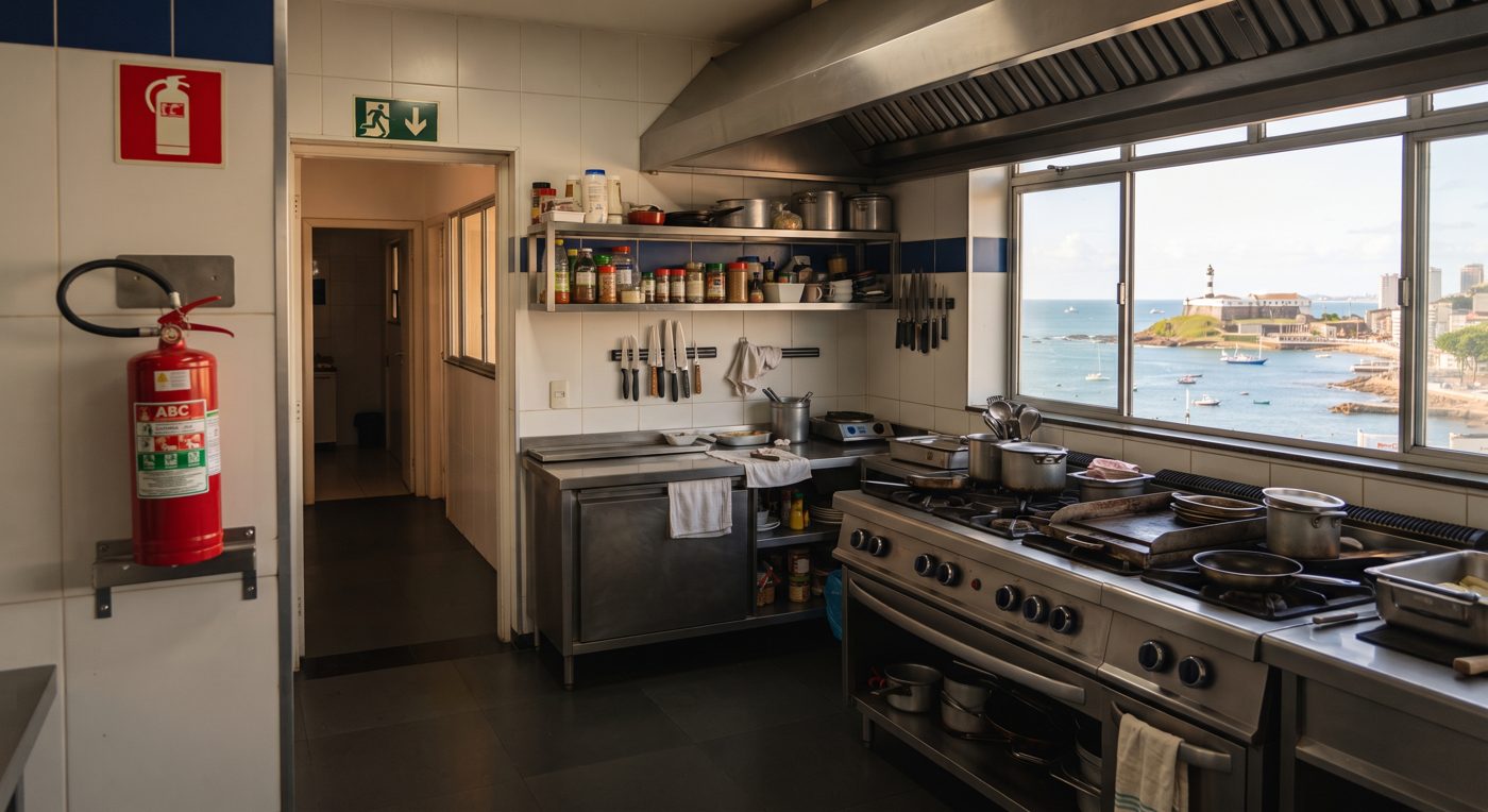 Cozinha de restaurante em Salvador com extintor sinalizado e saída de emergência