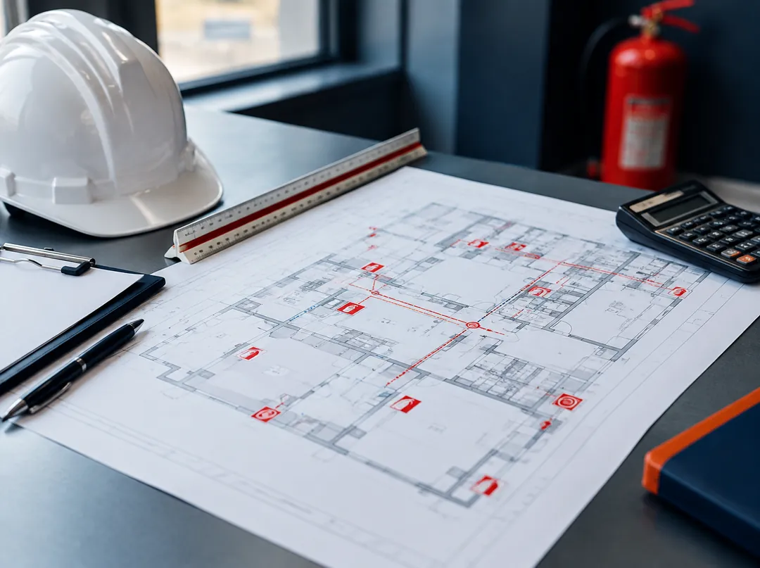Mesa de trabalho com projeto de prevenção e combate a incêndio, capacete e escalímetro